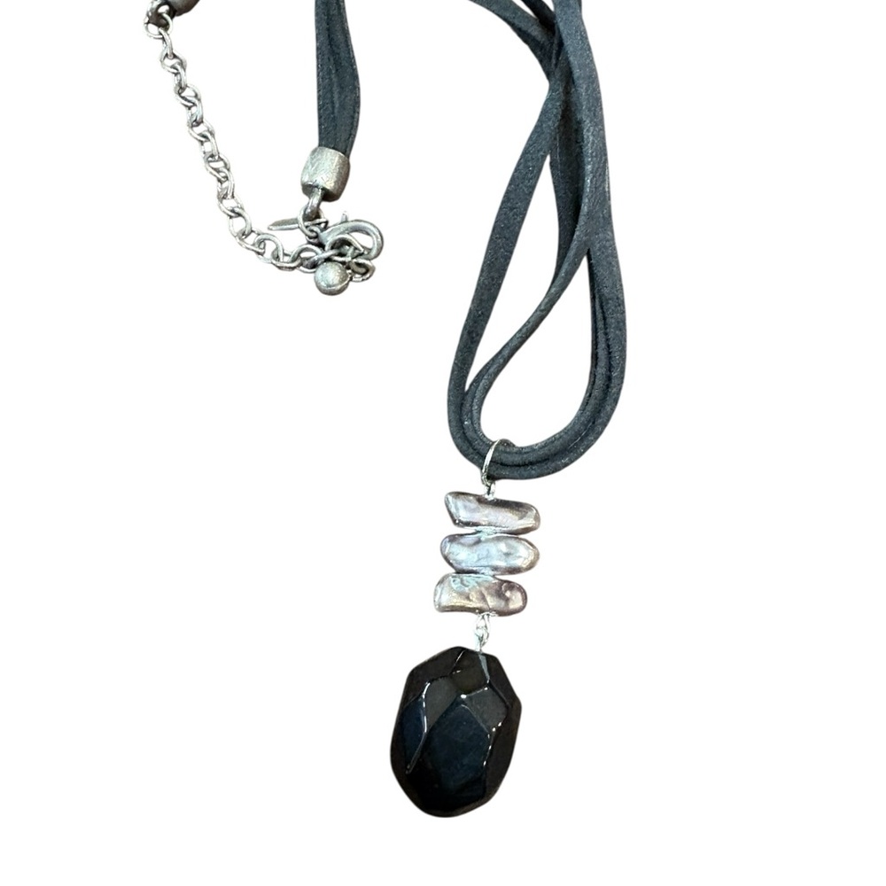 Chico's Black Leather Cord Necklace with Silver and Black Pendant  12" L